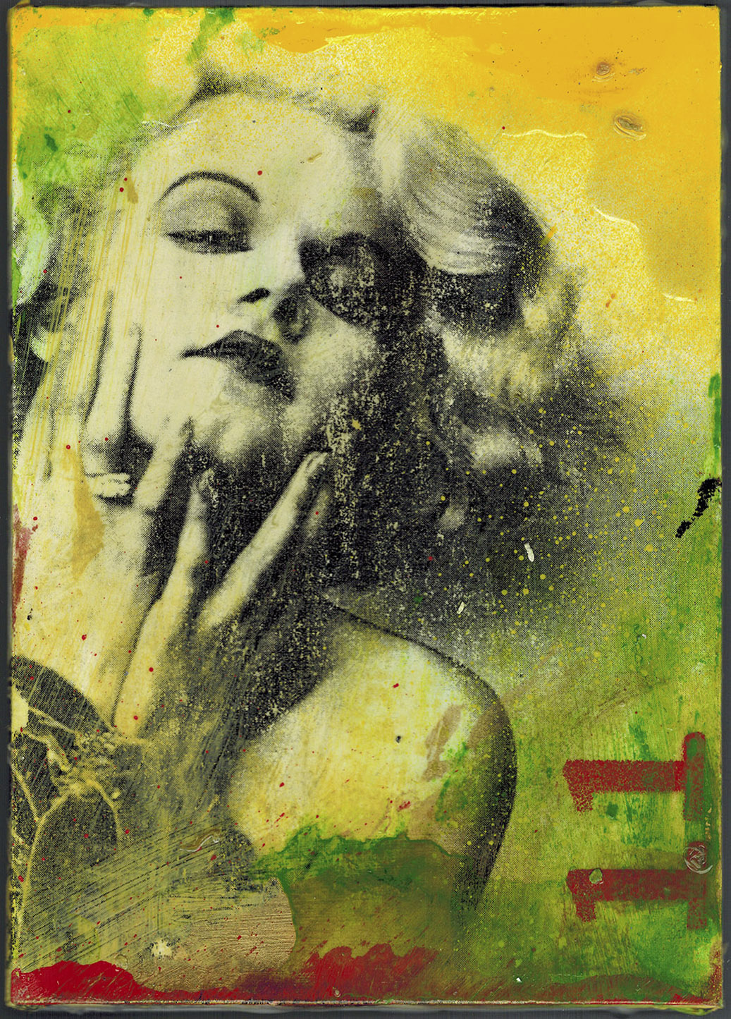 Lars Pryds: "Hommage à Harlow", 2013. Collage, acryl, tisch, polymer-transfer og lak på pap, ca 15 x 10,6 cm. Foto: Lars Pryds.