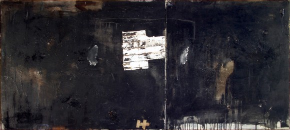 "H+T", 1987. Maleri/collage på lærred, 80 x 175 cm. DKK 16.000,-