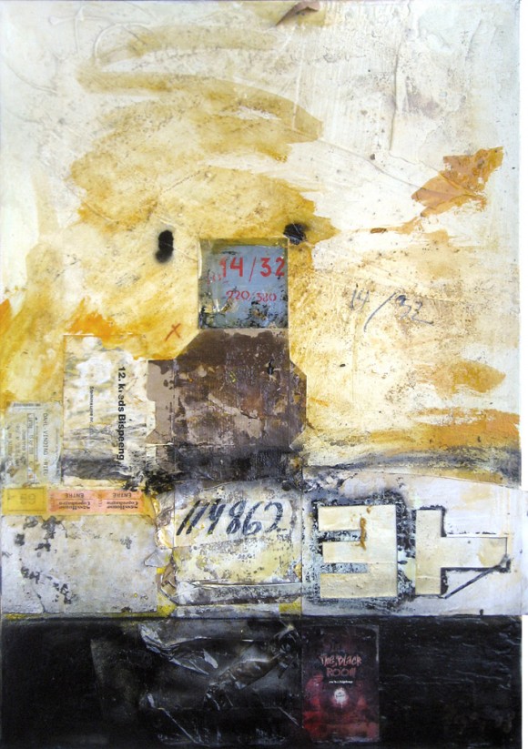 Lars Pryds: "14/32", 2008. Maleri/collage på læred, 100 x 70 cm. Foto: Lars Pryds. 