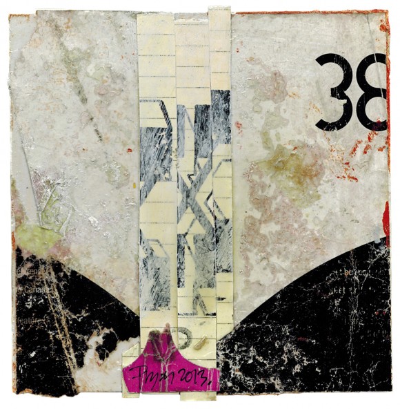 Lars Pryds: "38 and Pink", collage, acryl og lak på pap. 14,5 x 14,5 cm.