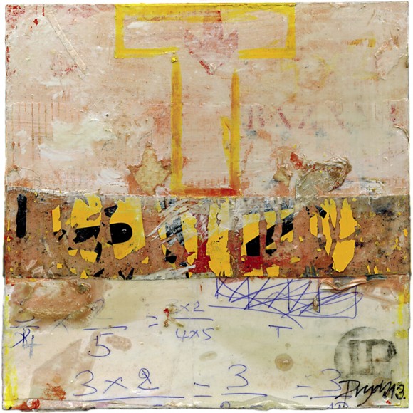 Lars Pryds: "Yellow T", collage, acryl og lak på pap. 14,5 x 14,5 cm.