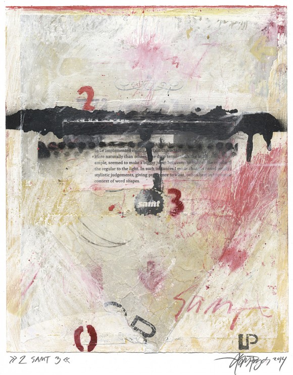 "2 samt 3", 2014. Maleri/collage på papir, ca. 28x23 cm.