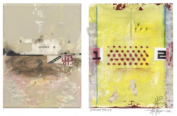 To billeder – to udstillinger: Til venstre maleriet "Fragile #6" (2003), der fra 28/2 kan ses i Galleri Pagter; til højre en collage med titlen "Mellem 1 og 2" (2013), der vises i Jäger Jansson Galleri i Lund i perioden 8.-30. marts. Formaterne er hhv 24 x 18 cm og 28 x 23 cm.