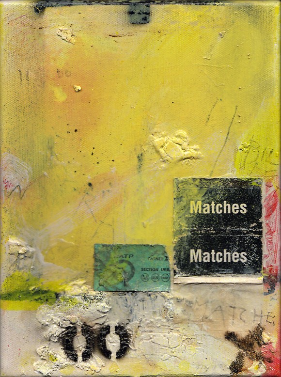 Lars Pryds: "Fragile 3, Matches", 2003. Maleri/collage på lærred, 24 x 18 cm.