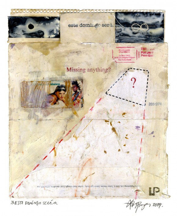 Lars Pryds: "Este Domingo Sera", 2009. Collage på papir, 28 x 23 cm.