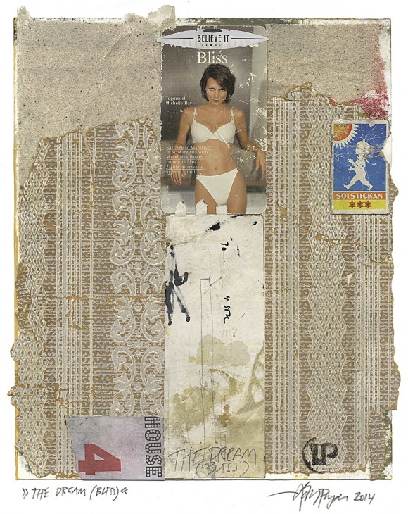 Lars Pryds: "The Dream ( Bliss)", 2014. Maleri/collage på papir, ca. 28 x 23 cm. Kan ses på Galleri Lisse Bruuns juleudstilling 2014. Foto: Lars Pryds.