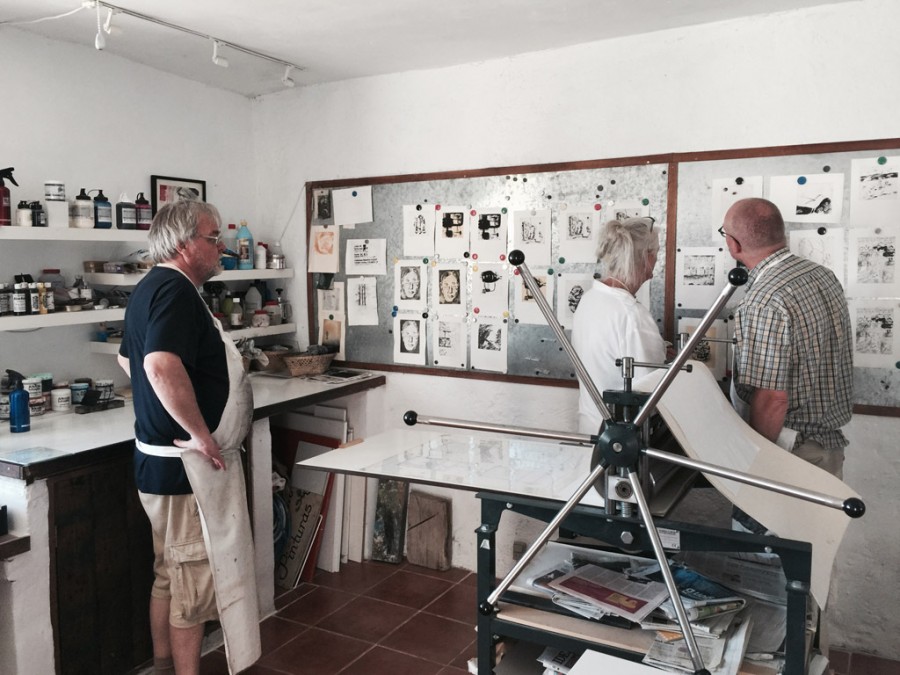 Henrik Bøegh, Åse Højer and me inspecting a day's work on the magnetic board where prints hang to dry. Photo by Susanne M Wahlkvist.