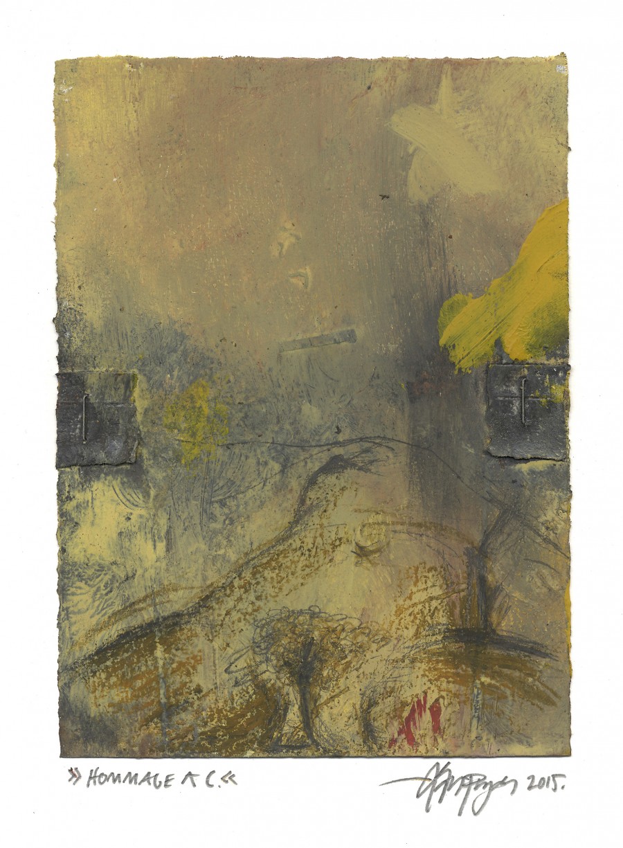 Lars Pryds: "Hommage a C", 2015. Tegning/maleri/collage på papir. 19 x 14 cm.