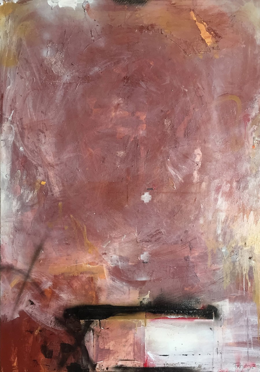 Lars Pryds: “In the Red Corner”, 2016. Acryl, olie, lak, collage på lærred, 140 x 100 cm.
