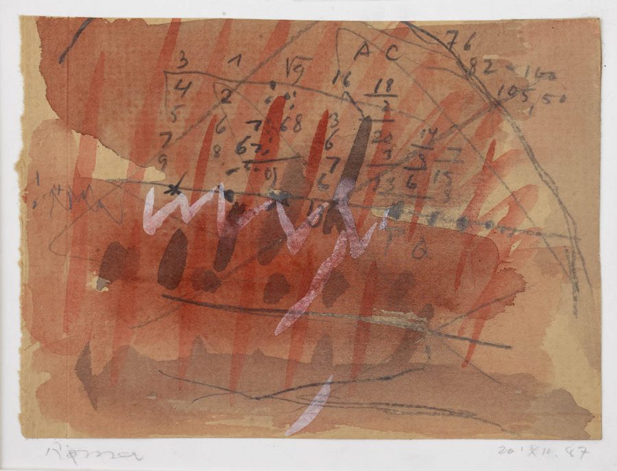 Jørgen Rømer kom sent i gang med at male akvareller, men der er den samme intensitet i farverne, som der var i hans tidligere sort-hvide grafik. Uden titel 1987. Akvarel og blyant på gammel konvolut, 12,5 x 16,2 cm. Foto: Clausens Kunsthandel.
