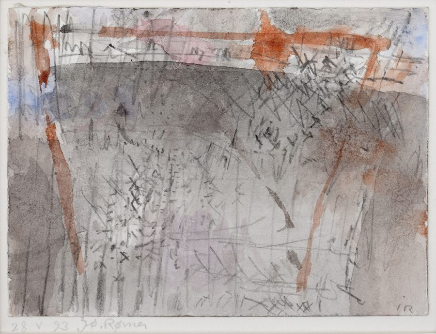 "Den klangligt forfinede gråtoneskala […] er simpelthen hans kolorit", skrev Bent Irve om Jørgen Rømers grafik i 1976. Det gælder til en vis grad også for Rømers senere akvareller, som han tilføjer farver med stor sikkerhed. Uden titel, 1993. Akvarel, blyant, 12,4 x 16,7 cm. Foto: Clausens Kunsthandel