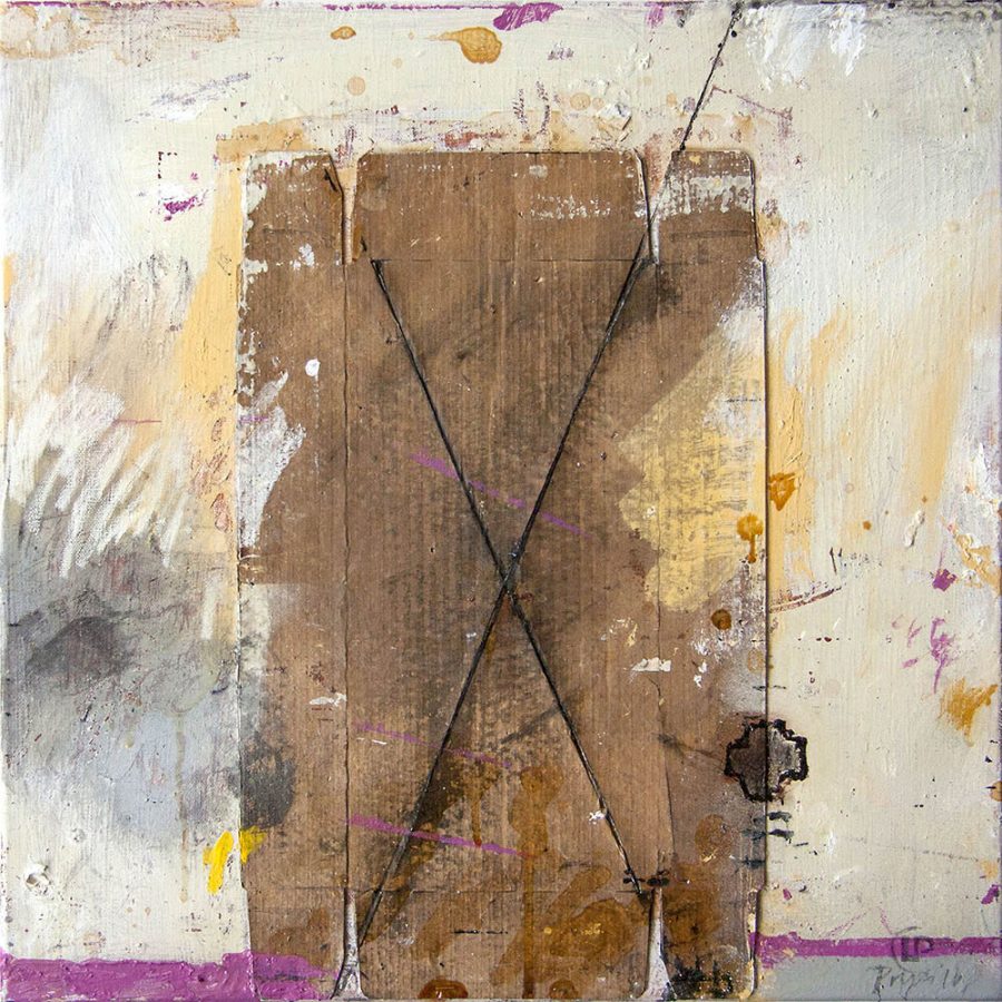 Lars Pryds: "Thin Black Cross", 2016. Mixed media (acryl, shellak, spraymaling, oliepastel, tusch og collage) på lærred, 50 x 50 cm. Foto: Lars Pryds