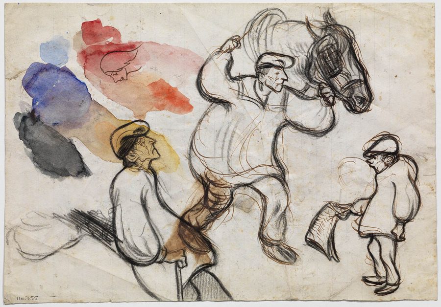 Picasso iagttog og tegnede “Personer på gaden” i Barcelona i 1898. Oliekridt, pen og blæk, akvarel på papir. Foto: Museo Picasso, Barcelona 
