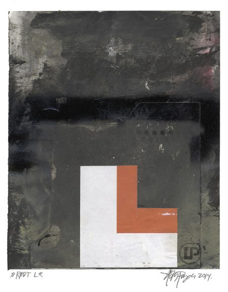 Lars Pryds: "Rødt L", 2014. Collage på papir, 28 x 23 cm.