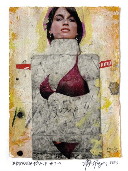 "Papkasse-Pin-up #1", 2005. Collage på papir, 19 x 14 cm. Indr. 33 x 27,5 cm. PRIVATEJE