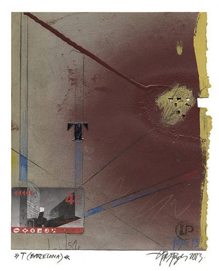 Lars Pryds: "T (Barcelona)", 2013. Acryl/collage på papir, 28 x 23 cm.