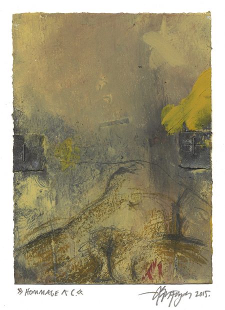 Lars Pryds: "Hommage a C", 2015. Tegning/maleri/collage på papir. 19 x 14 cm.