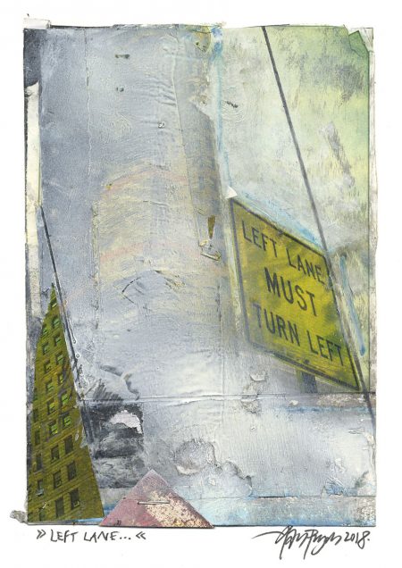 Lars Pryds: "Left Lane…", 2018. Maleri, collage på papir. 19,8 x 14,2 cm. Foto: Lars Pryds