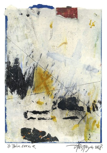 Lars Pryds: "Thin Cross", 2018. Maleri, collage på papir. 20,1 x 14 cm.