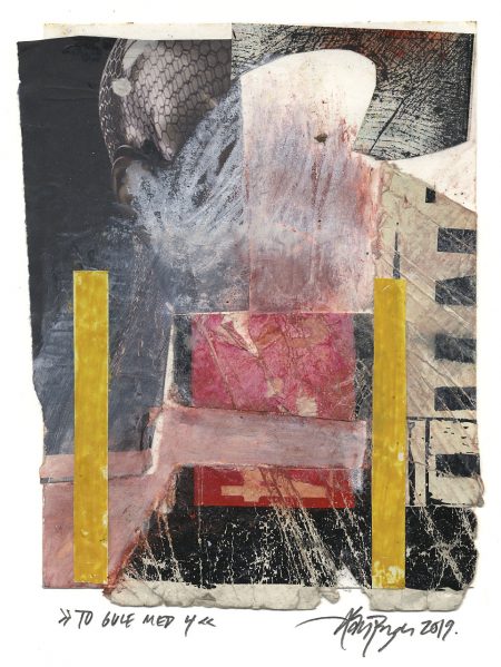 Latrs Pryds: "To gule med 4", 2019. Collage på papir, 18,9 x 14,9 cm. Foto: Lars Pryds