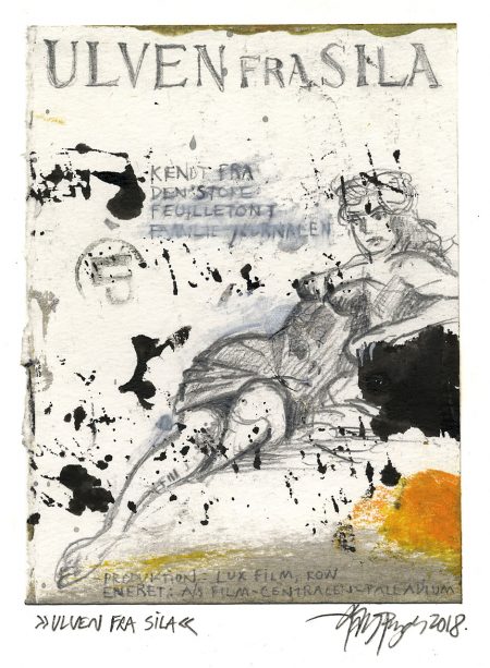 Lars Pryds: "Ulven fra Sila", 2018. Blyant, tusch, acryl på papir. 18 x 13,6 cm.  Foto: Lars Pryds