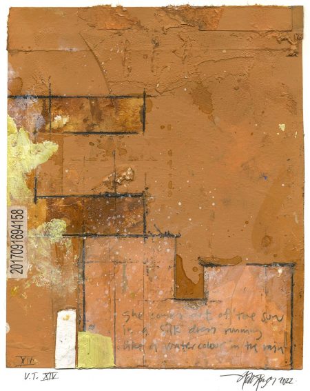 Lars Pryds: Uden titel #XIV, 2022. Acryl, shellak, blyant og collage på papir. Ca. 28 x 23 cm. PRIVAT EJE / PRIVATE COLLECTION