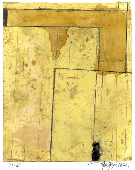 Lars Pryds: Uden titel #II, 2022. Acryl, shellak, blyant og collage på papir. Ca. 28 x 23 cm.