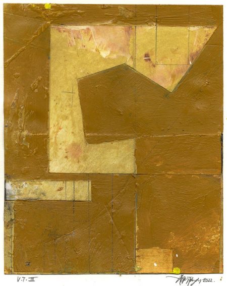 Lars Pryds: Uden titel #IV, 2022. Acryl, shellak, blyant og collage på papir. Ca. 28 x 23 cm.