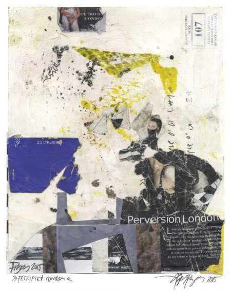 Lars Pryds: “Petrified Condom”, 2015. Maleri/collage på papir, 28,8 x 23,4 cm.