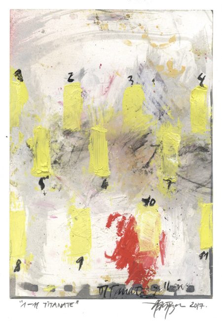 Lars Pryds: "1-11 Titanate", 2017. Maleri/collage på papir, 21 x 15 cm. Foto: Lars Pryds.