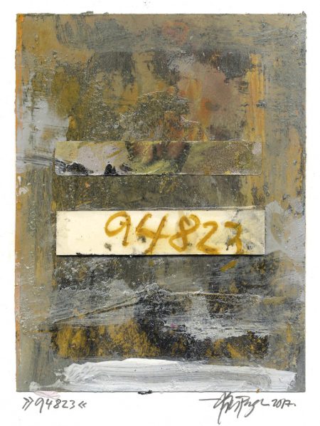 Lars Pryds: "94823", 2017. Maleri/collage på papir, 18,3 x 13,8 cm.