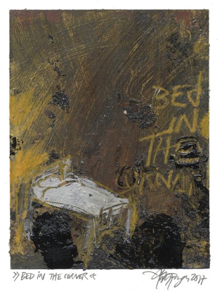 Lars Pryds: "Bed in the Corner", 2017. Maleri/collage på papir, 18,1 x 14 cm.