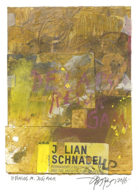 Lars Pryds: "Dialog m. Julian", 2016. Maleri/collage på papir, 19,2 x 14,5 cm.