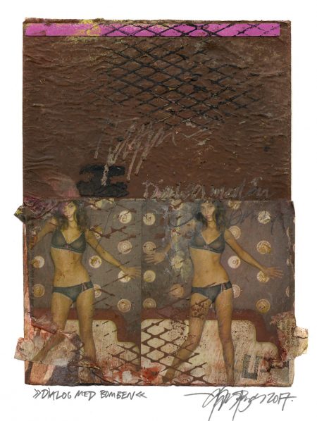 Lars Pryds: "Dialog med bomben", 2017. Maleri/collage på papir, ca. 19,3 x 15,6