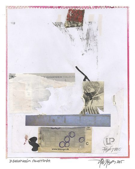 Lars Pryds: "Guggenheim Collection", 2015. Maleri/collage på papir, 28,7 x 23,2 cm.