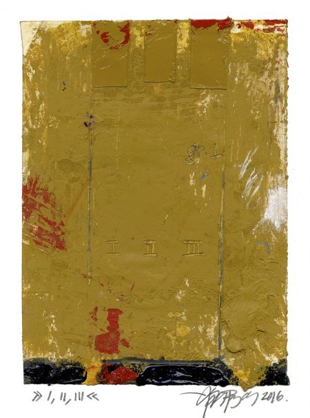 Lars Pryds: "I-II-III", 2016. Maleri/collage på papir, 19,5 x 14,1 cm. Foto: Lars Pryds.