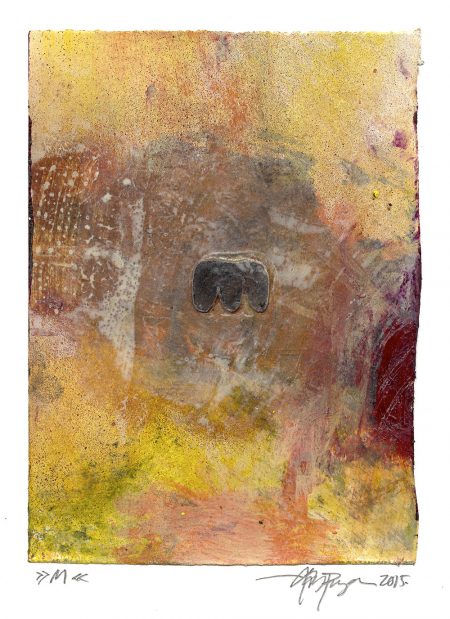 Lars Pryds: "M", 2015. Maleri/collage på papir, 19,3 x 14,1 cm. Foto: Lars Pryds.