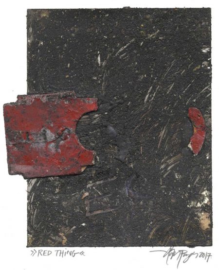 Lars Pryds: "Red Thing", 2017. Maleri/collage på papir, 18,1 x 15,7 cm.