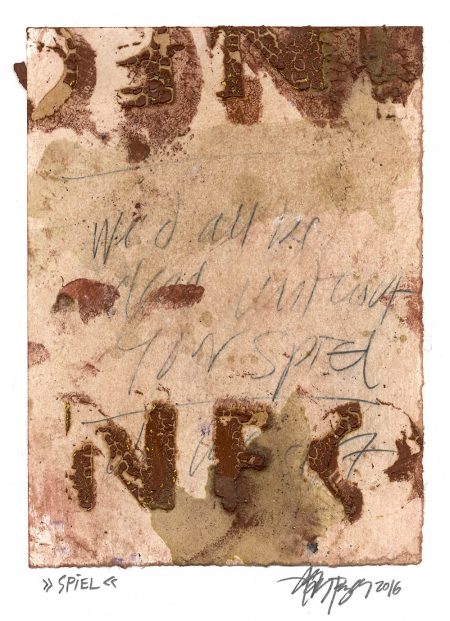 Lars Pryds: "SPIEL", 2016. Maleri/collage på papir, ca. 19 x 14,4 cm. Foto: Lars Pryds.