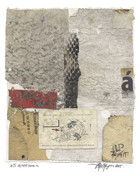 Lars Pryds: "Ti Aspettiamo", 2015. Maleri/collage på papir, 28,3 x 23,7 cm.