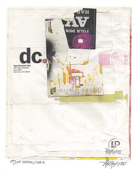Lars Pryds: "Type Directors Club", 2015. Maleri/collage på papir, 28,7 x 23,6 cm.