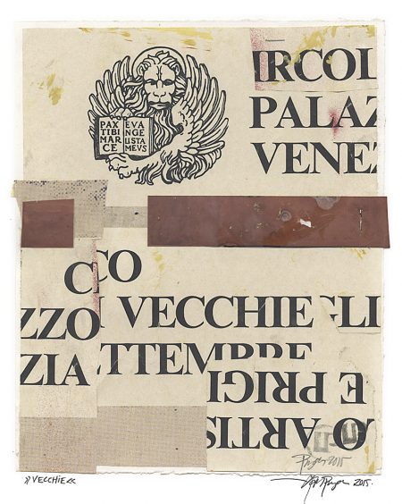 Lars Pryds: "Vecchie", 2015. Maleri/collage på papir, 28,,2 x 23,5 cm.