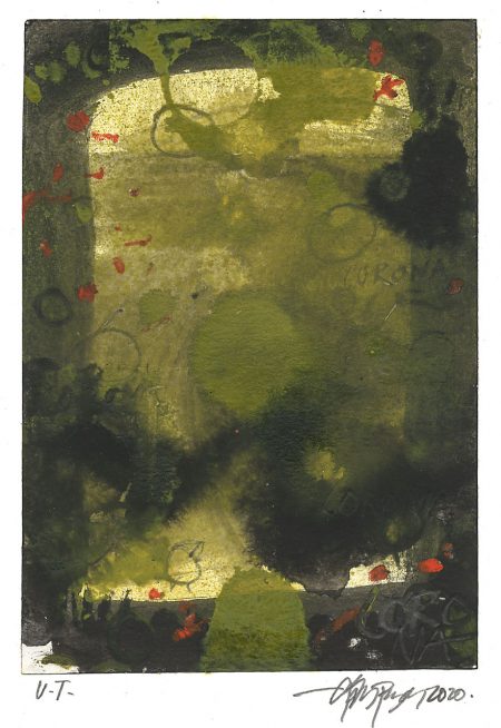 Lars Pryds: Uden titel (Corona), 2020. Acryl, tusch, blyant, kridt på papir, 19,3 x 13,5 cm.
Foto: Lars Pryds