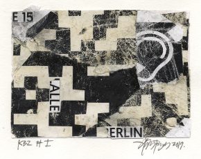 Lars Pryds: "Kleine Berliner Zeichnung # I", 2019. Collage på papir, ca. 14,8 x 10,5 cm. Skabt under legatophold i Jyllands-Postens lejlighed i Berlin, april måned 2019. Foto: Lars Pryds