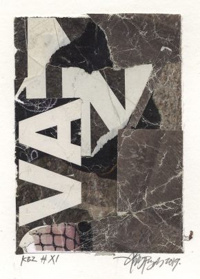 Lars Pryds: "Kleine Berliner Zeichnung # XI", 2019. Collage på papir, ca. 14,8 x 10,5 cm. Skabt under legatophold i Jyllands-Postens lejlighed i Berlin, april måned 2019. Foto: Lars Pryds