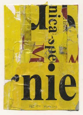 Lars Pryds: "Kleine Berliner Zeichnung # XVI", 2019. Collage på papir, ca. 14,8 x 10,5 cm. Skabt under legatophold i Jyllands-Postens lejlighed i Berlin, april måned 2019. Foto: Lars Pryds