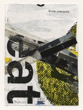 Lars Pryds: "Kleine Berliner Zeichnung # XXI", 2019. Collage på papir, ca. 14,8 x 10,5 cm. Skabt under legatophold i Jyllands-Postens lejlighed i Berlin, april måned 2019. Foto: Lars Pryds