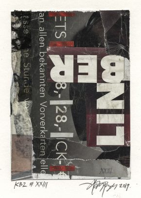 Lars Pryds: "Kleine Berliner Zeichnung # XXIII", 2019. Collage på papir, ca. 14,8 x 10,5 cm. Skabt under legatophold i Jyllands-Postens lejlighed i Berlin, april måned 2019. Foto: Lars Pryds