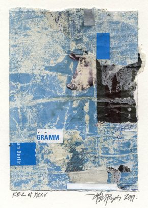 Lars Pryds: "Kleine Berliner Zeichnung # XXXV", 2019. Collage på papir, ca. 14,8 x 10,5 cm. Skabt under legatophold i Jyllands-Postens lejlighed i Berlin, april måned 2019. Foto: Lars Pryds