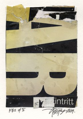 Lars Pryds: "Kleine Berliner Zeichnung # V", 2019. Collage på papir, ca. 14,8 x 10,5 cm. Skabt under legatophold i Jyllands-Postens lejlighed i Berlin, april måned 2019. Foto: Lars Pryds